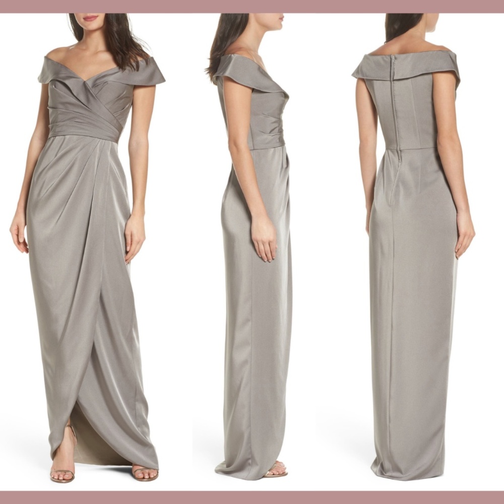 NWT La Femme [SZ 6 ] Surplice‎ Off the Shoulder Column Gown in Pewter